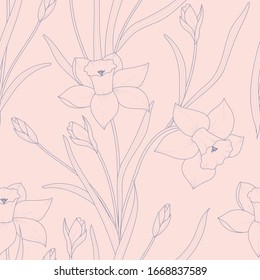 Vector spring flowers illustration, seamless pattern, narcissus outline, pattern for textile and wrapping paper