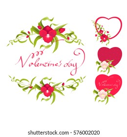 vector spring flowers, leaves, hearts on white isolated background