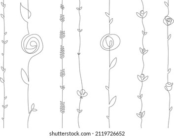 
Flores de primavera vectorial y hojas en tallos largos. Ramas con flores grandes y pequeñas. Largas migajas