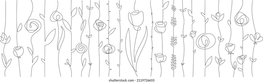 
Vector spring flowers and leaves on long stems. Branches with large and small flowers. Long creepers