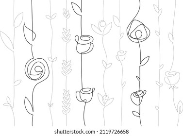 
Vector spring flowers and leaves on long stems. Branches with large and small flowers. Long creepers