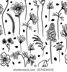 Vector spring flowers and leaves on long stems. Branches with large and small flowers. hand drawing. Not AI, Vector illustration.