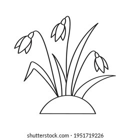 Image vectorielle fleurs printanières sur une colline. Jolies gouttes de neige, page de coloriage pour les enfants. Esquisse noire, style linéaire isolée sur fond blanc.