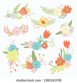 Vector spring flowers set isolated on a white background hand draw doodle collection, bouquets of flowers, compositions from different field and garden flowers