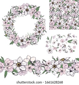 vector spring flowers - snowdrops, daffodils, flowers of apple and sakura.
vector wreath of flowers. Seamless edging. Seamless pattern. Separate flowers.