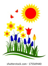 vector spring flowers and sun isolated on white background