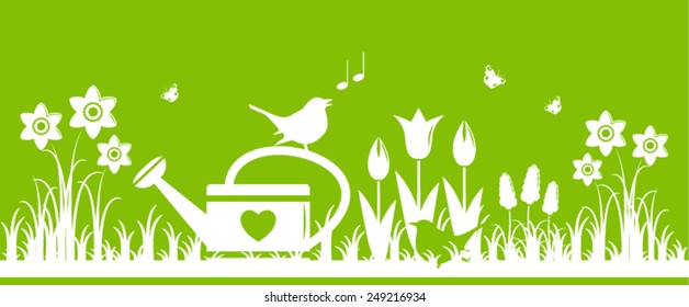 vector spring flowers, watering can and birds isolated on green background