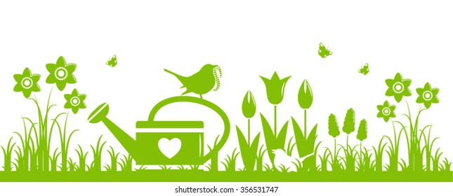 vector spring flowers, watering can and mother bird bringing worm isolated on white background