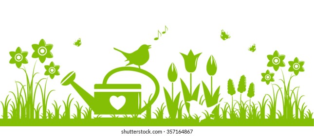 vector spring flowers, watering can and birds isolated on white background