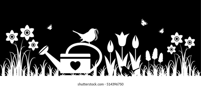 vector spring flowers, watering can and mother bird bringing worm isolated on black background