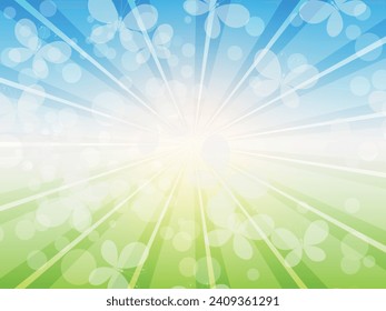 Vector spring frame with blue sky, green  grass and sunburst with white butterflies and bokeh effect