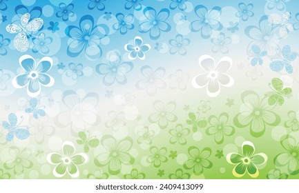 Vector spring frame with blue sky, green  grass and white wave strip and lace butterflies and bokeh effect