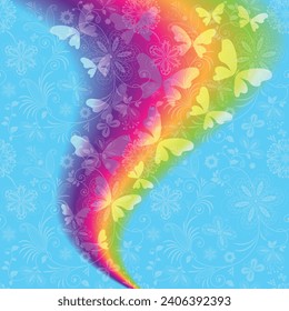 Vector spring frame with flying butterfliies on a gentle blue floral background