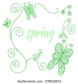 Vector spring frame with leaves, butterflies and swirls