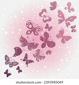 Vector spring frame with silhouettes of flying butterfliies and stars on a gentle pink gradient background