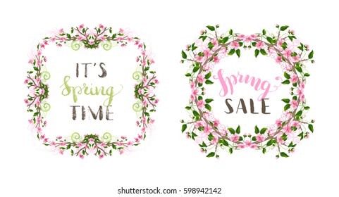 Vector spring frames set. Pink cherry blossoms and leaves on tree branches, hand-drawn flourishes. Hello spring lettering. Seasonal page decorations isolated on white background.