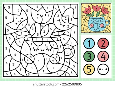 Vector spring garden color by number activity with cute vase with tulips. Easter scene. Black and white counting game with funny flowers in cup. Coloring page for kids
