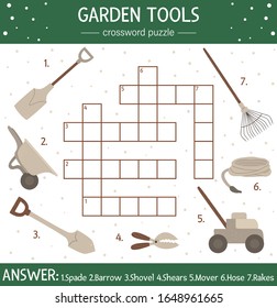 Vector spring garden crossword puzzle. Bright and colorful spring quiz for children. Educational holiday activity with gardening tools