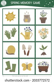 Vector spring garden memory game cards with cute tools, baby plants. Farm matching activity. Remember and find correct card. Simple printable worksheet for kids with flowers
