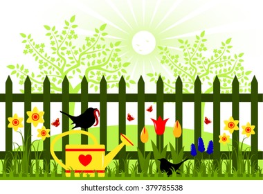 vector spring garden and picket fence with spring flowers