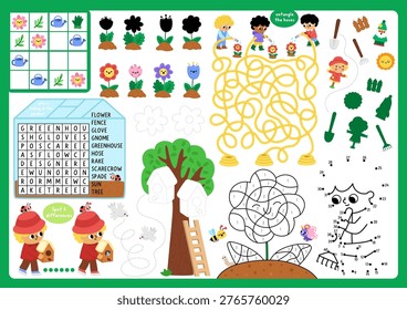 Vector spring garden placemat. Country house printable activity mat with maze, puzzle, shadow match, find difference. Cute play mat, menu, kids magazine spreadsheet with gardener, greenhouse, plant
