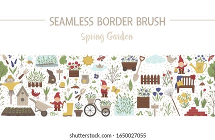Vector spring garden seamless pattern brush. Gardening themed background. Repeating border with garden tools, flowers, plants isolated on white background