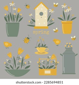 vector spring garden set with cute flower pot, chicken, bugs and bees