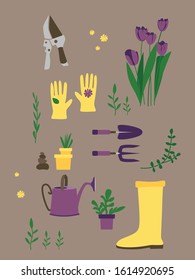 Vector spring gardening illustration, separate gardening tools set. 