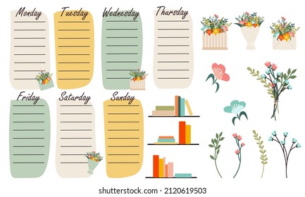 Vector spring glider design for recording daily chores with flower stickers, bookshelf. Planner chores, readings, notes, important dates. Hello spring, bouquet, letter, box flower, delicate colors.