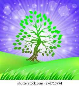 Vector Spring Green Tree on Starry Sky Background