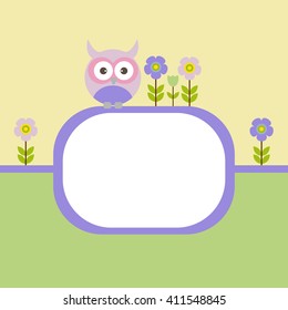 Vector spring greeting card, frame on the topic of children. Owl with flowers. There's space for text or photo.