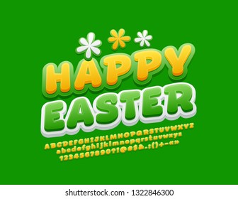 Vector spring greeting card Happy Easter with Fresh Font. Alphabet Letters, Numbers and Symbols For Kid Advertising, Marketing, Promotion