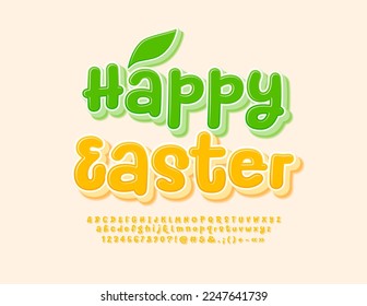 Vector spring Greeting Card Happy Easter with decorative leaf. Yellow 3D Font. Playful style Alphabet Letters and Numbers for Kids