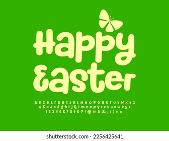 Vector spring Greeting Card Happy Easter. Cute handwritten Font. Playful Alphabet Letters and Numbers