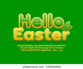 Vector spring greeting card Hello Easter. Bright colorful Font. Stylish Alphabet Letters, Numbers and Symbols.