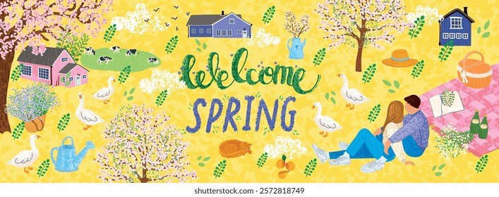 Vector Spring Greeting Card with Illustration of Rural Scene, Couple in Love, Houses, Trees, Animals on Yellow, Background