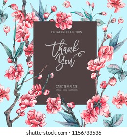 Vector spring greeting card, vintage floral bouquet with pink blooming branches of cherry peach, pear, sakura, apple trees, flower botanical illustration on blue background