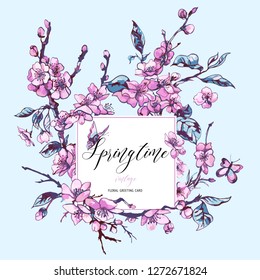 Vector spring greeting card, vintage floral bouquet with pink blooming branches of cherry peach, pear, sakura, apple trees and butterflies