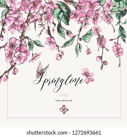 Vector spring greeting card, vintage floral bouquet with pink blooming branches of cherry peach, pear, sakura, apple trees and butterflies