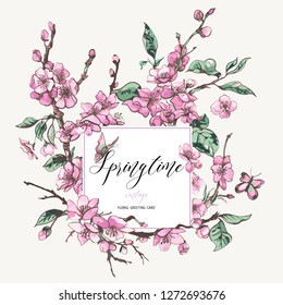 Vector spring greeting card, vintage floral bouquet with pink blooming branches of cherry peach, pear, sakura, apple trees and butterflies