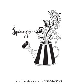 Vector Spring Greeting Card with watering can and fantasy floral pattern