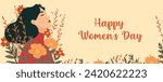 Vector spring holiday banner March 8, girl in flowers with text International Women's Day. Feminism concept, women empowerment, gender equality