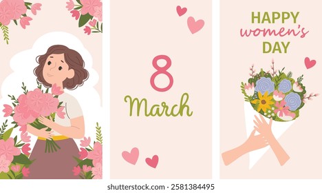 Vector spring holiday banner March 8, girl in flowers with text International Women's Day. Feminism concept, women empowerment, gender equality