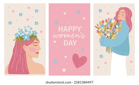 Vector spring holiday banner March 8, girl in flowers with text International Women's Day. Feminism concept, women empowerment, gender equality