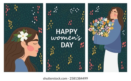 Vector spring holiday banner March 8, girl in flowers with text International Women's Day. Feminism concept, women empowerment, gender equality