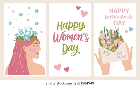 Vector spring holiday banner March 8, girl in flowers with text International Women's Day. Feminism concept, women empowerment, gender equality