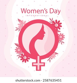 Vector spring holiday banner March 8, girl in flowers with text International Women's Day. Feminism concept, women empowerment, gender equality