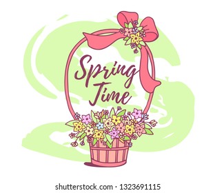 Vector spring illustration with basket with flower and ribbon on white background with text. Line art design for web, site, greeting card, poster, print