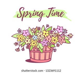 Vector spring illustration with basket with many color flower on white background with text. Line art design for web, site, greeting card, poster, print