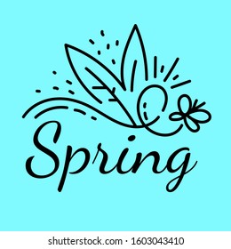 Vector spring illustration with beautiful floral composition and butterfly on blue background. Flat line art style template design of flower decoration with inscription for web, site, card, label